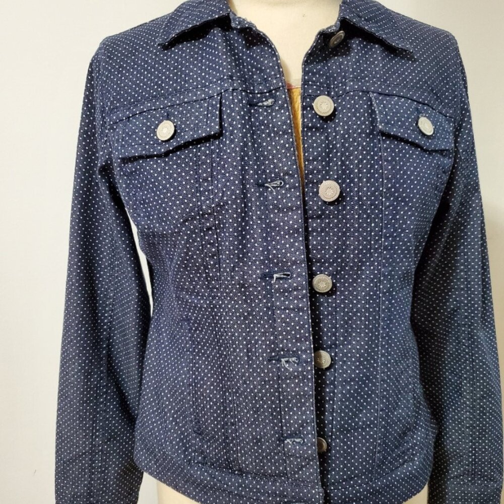 Live A Little    blue, denim Jacket with white polka dots.  Size small